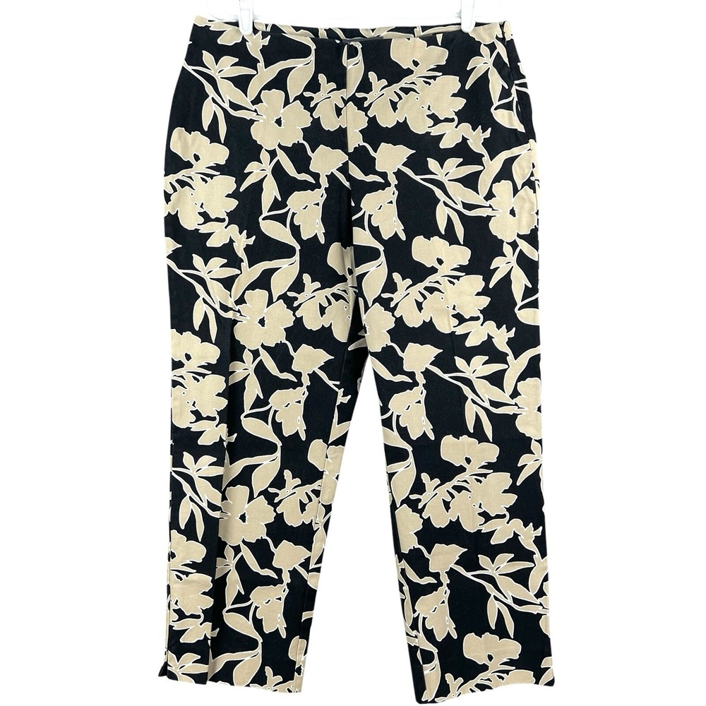 Liz Claiborne Women's Floral Black Tan Cropped Pants Size 14 Zip Side Mid Rise